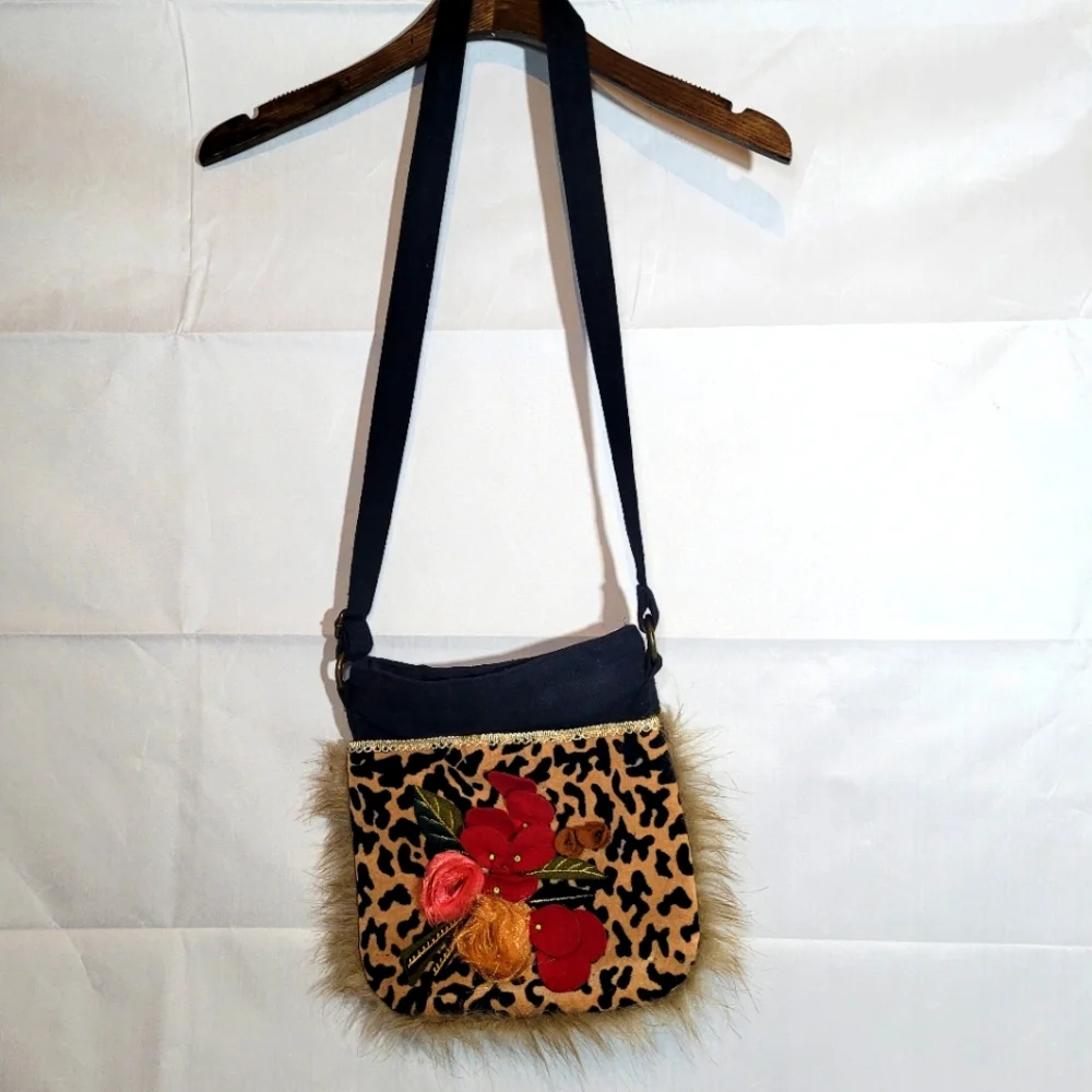 PIER 1 IMPORTS CrossBody Purse Black/Brown Cheetah Red Pink Boho Flower look